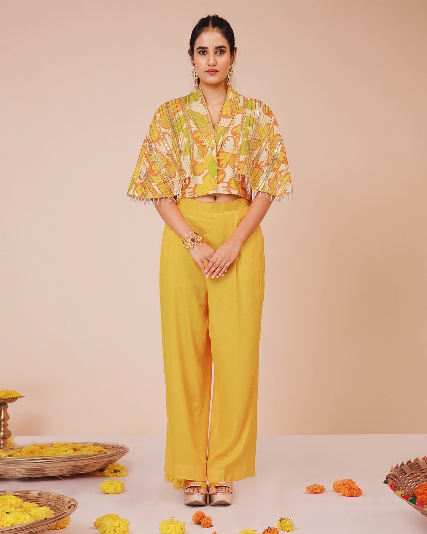 Sunflower Cape Blazer with Pants – LabelNiyami - Main Image