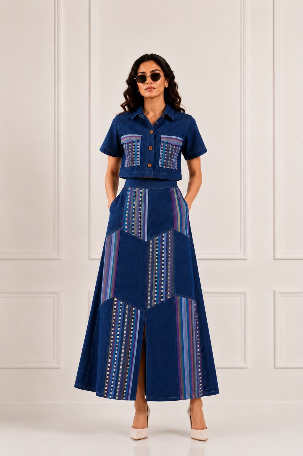 Vesper Stripes Denim Skirt Set
