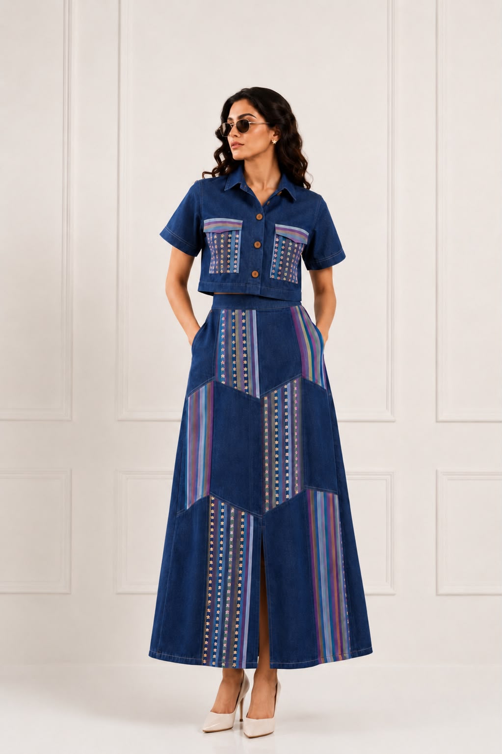 Vesper Stripes Denim Skirt Set