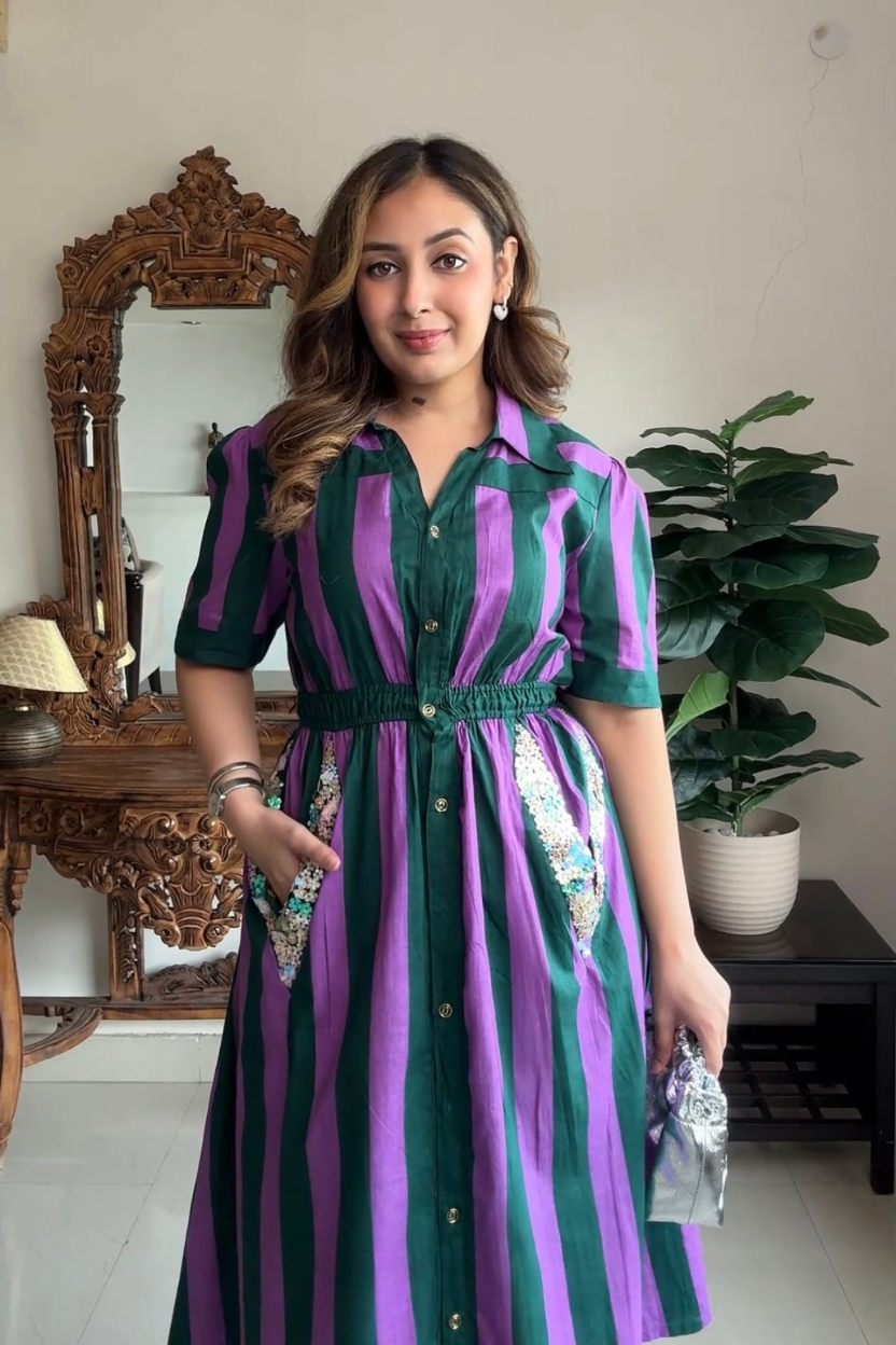 Shreya Sharma in Weekend Stripe Dress - Deep Orchid with Opaline Green