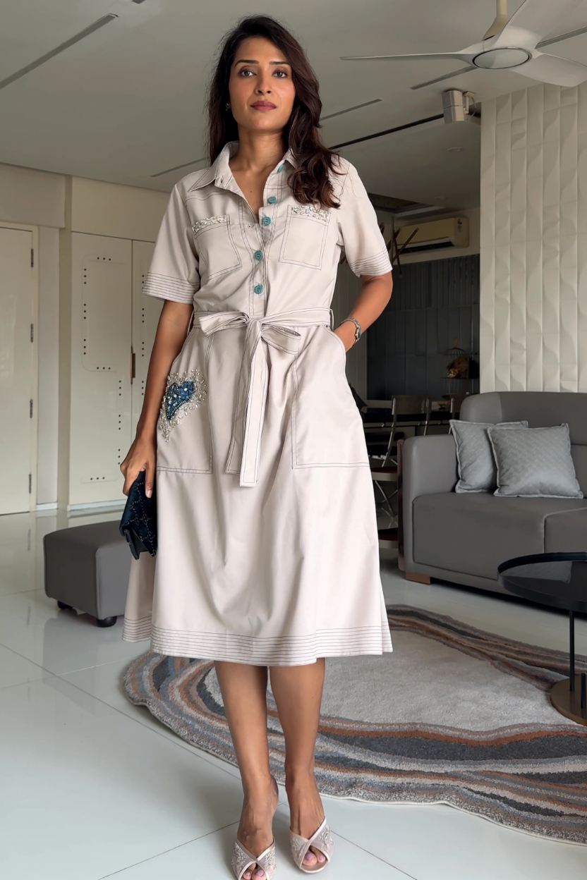 Gunjan Ladha in Bella dress - Warm Greige (Grey + Beige)