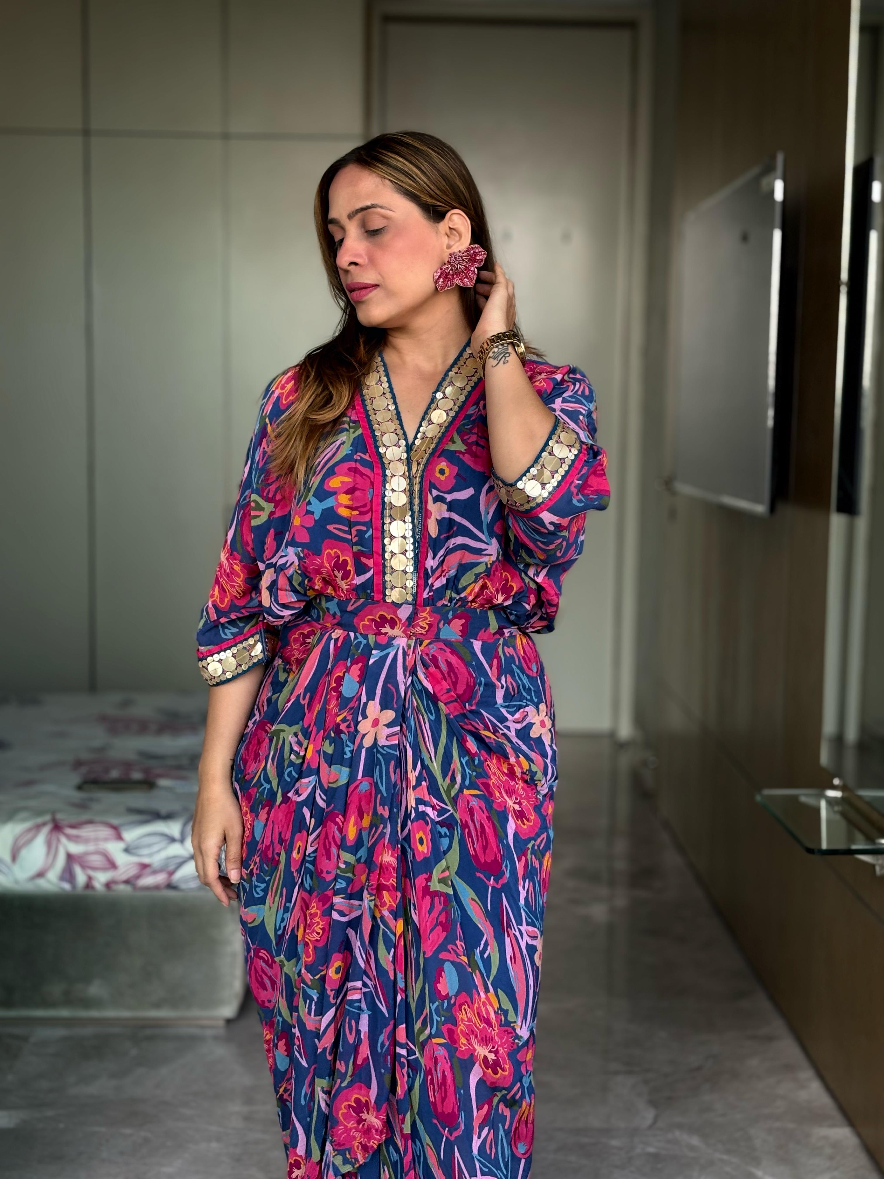 Neha Jain in our Rose Cowl Dress