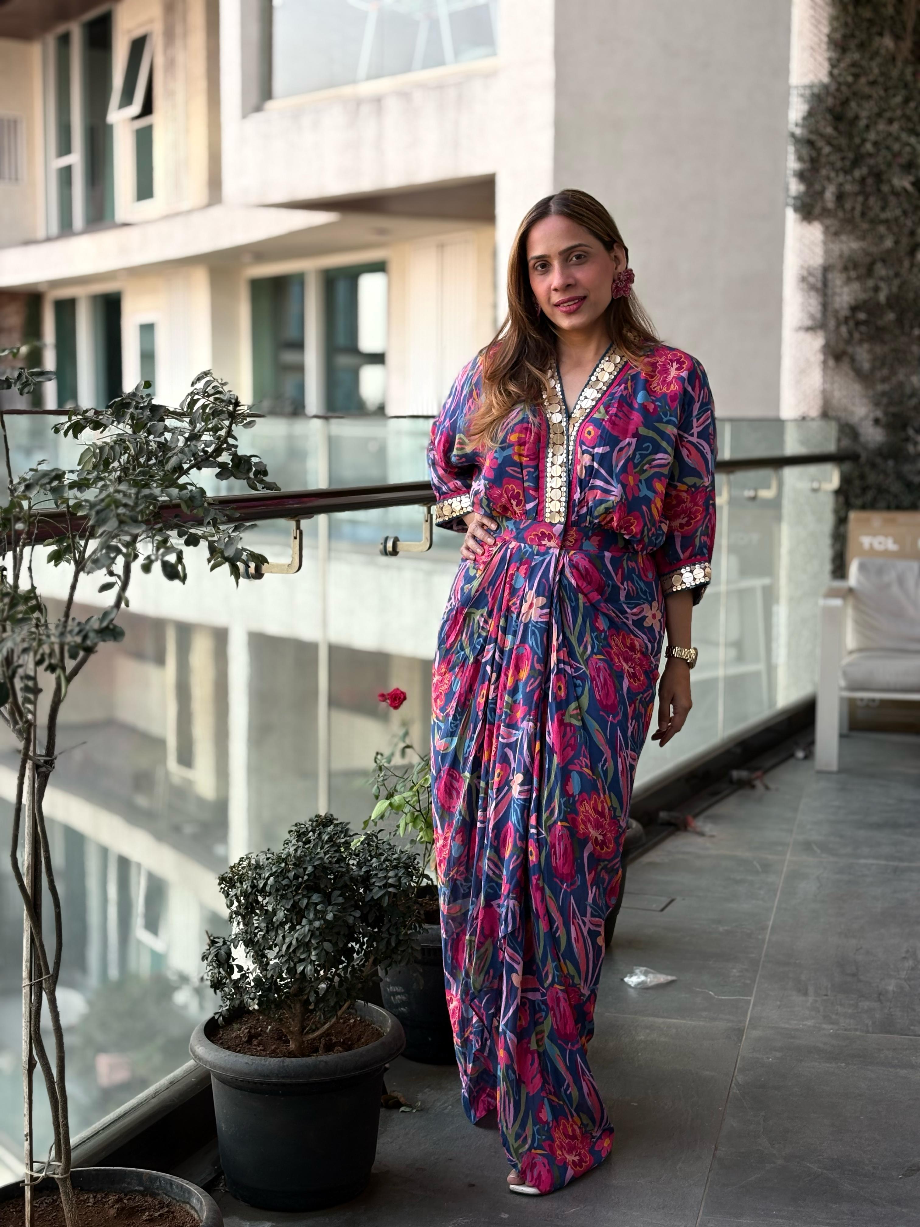 Neha Jain in our Rose Cowl Dress