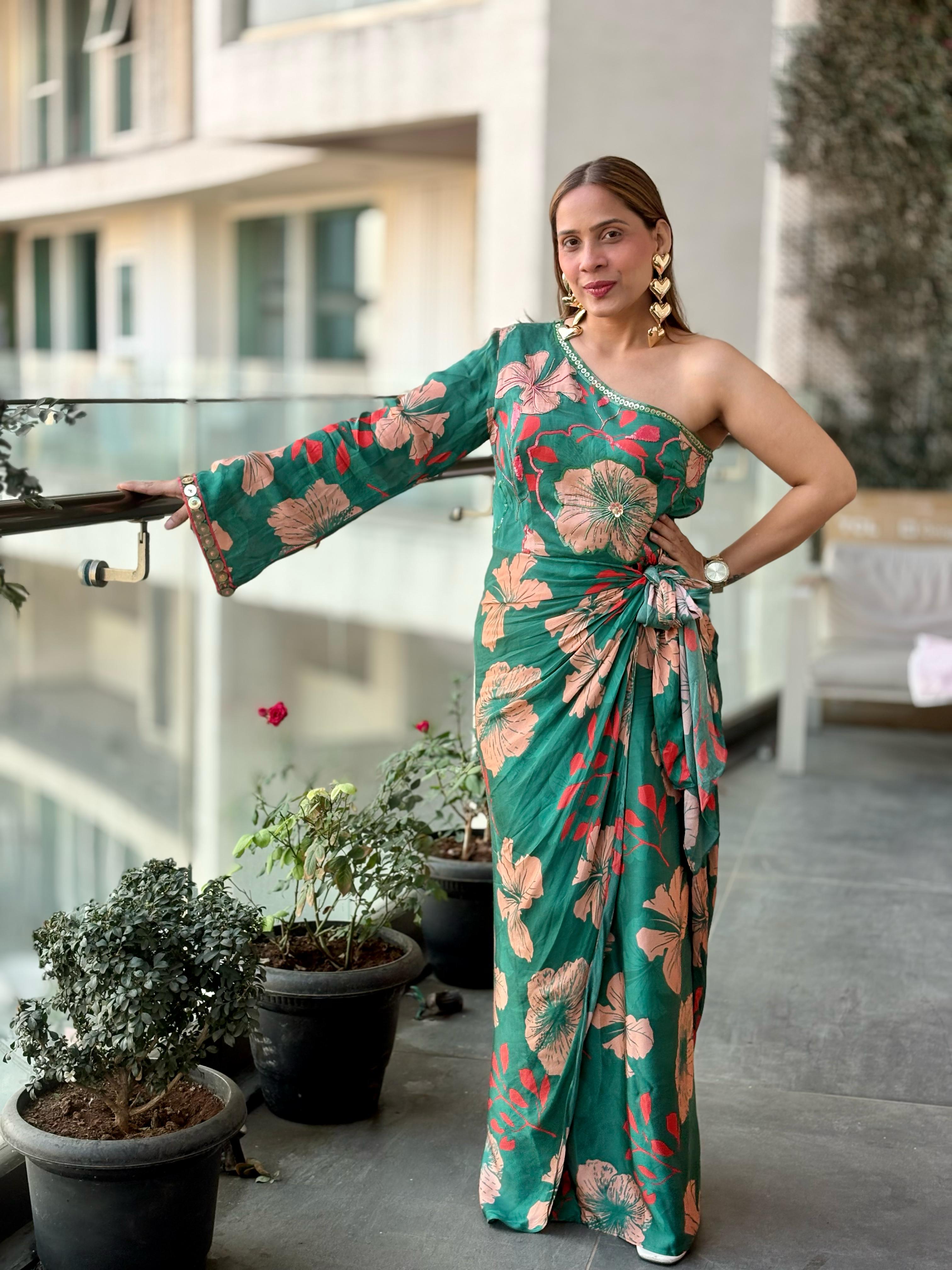 Neha Jain in our Hibiscus One Shoulder Tie Up Dress