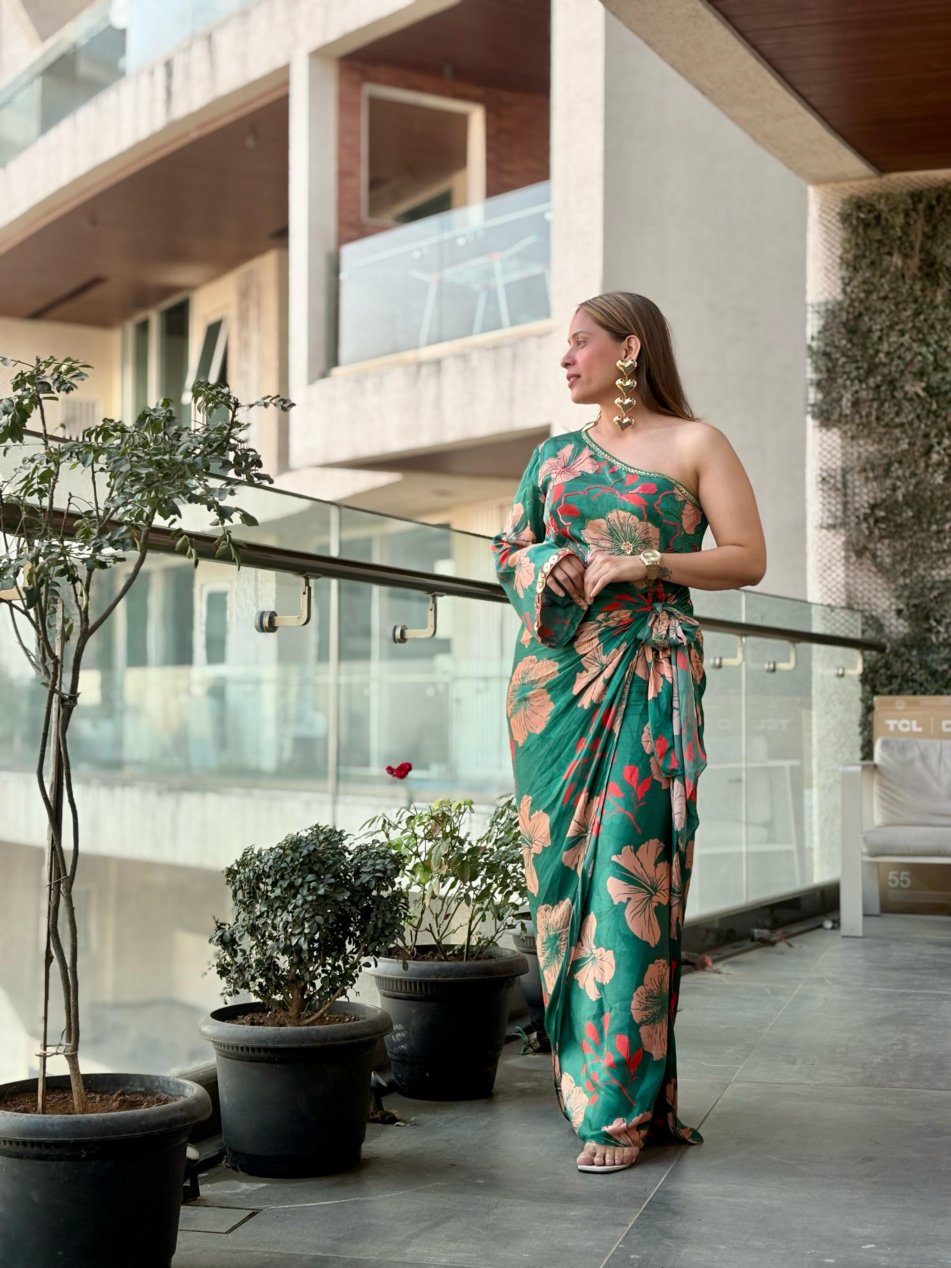 Neha Jain in our Hibiscus One Shoulder Tie Up Dress