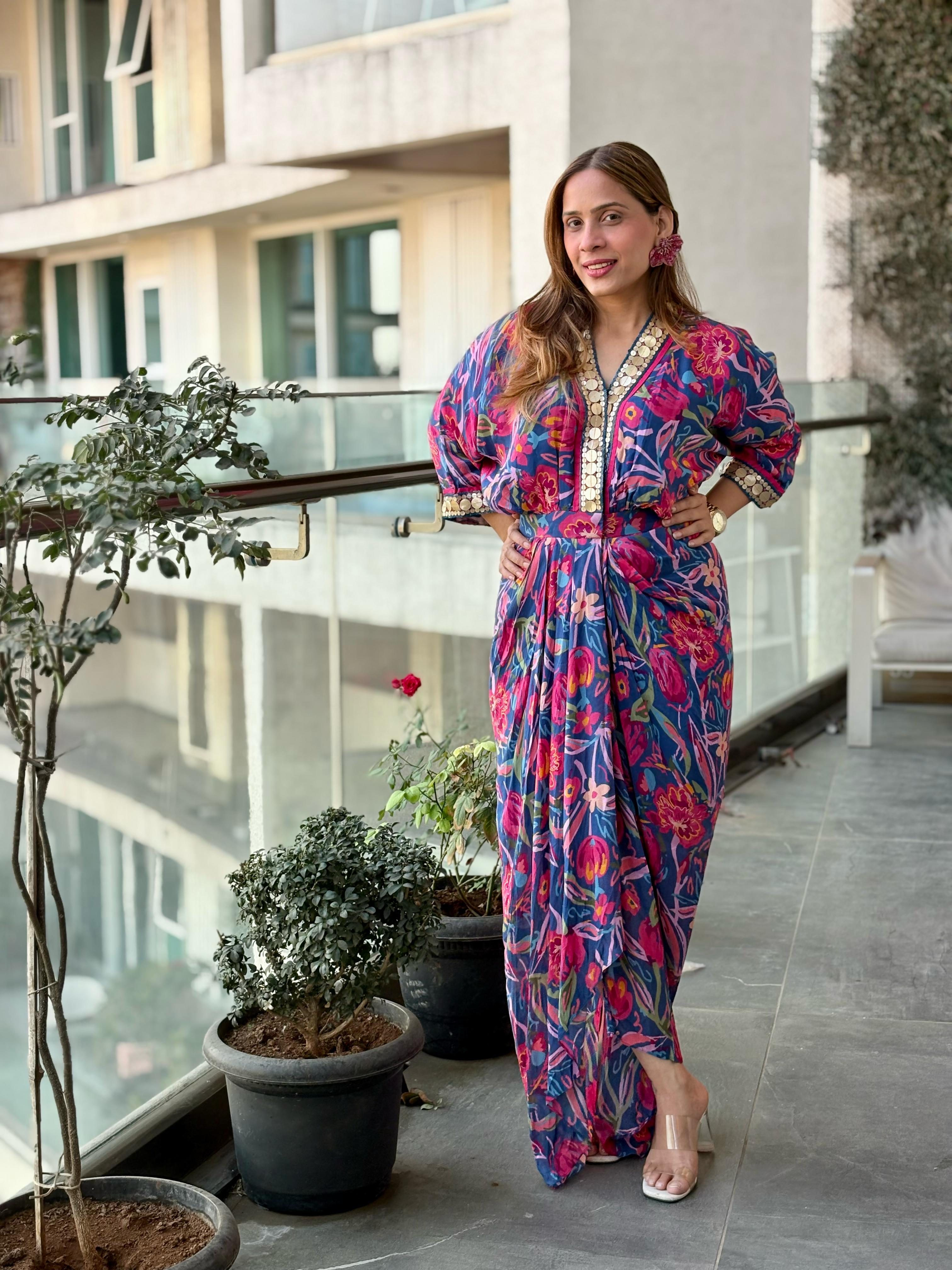 Neha Jain in our Rose Cowl Dress
