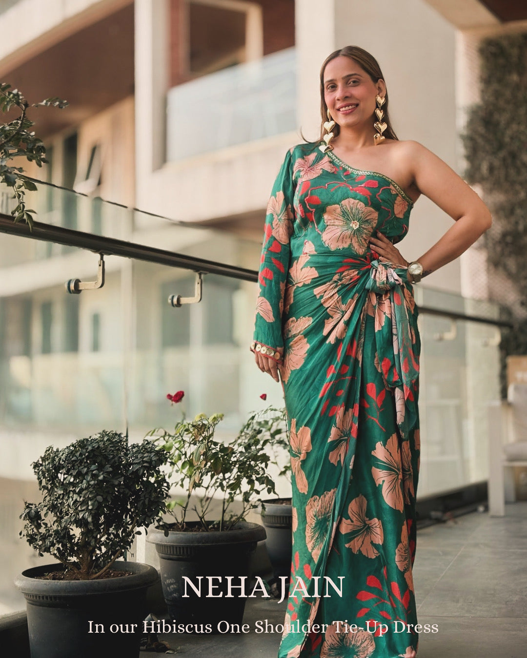 Neha Jain in our Hibiscus One Shoulder Tie Up Dress