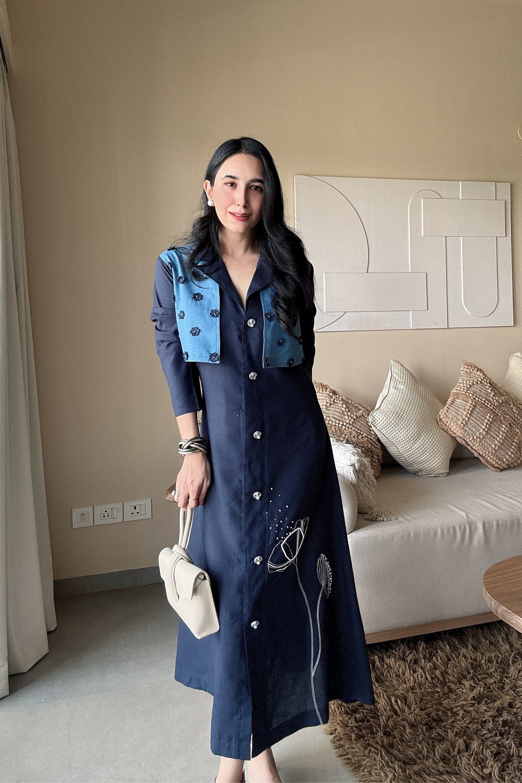Ayushi Chauhan in Tufts Blue Coat Dress