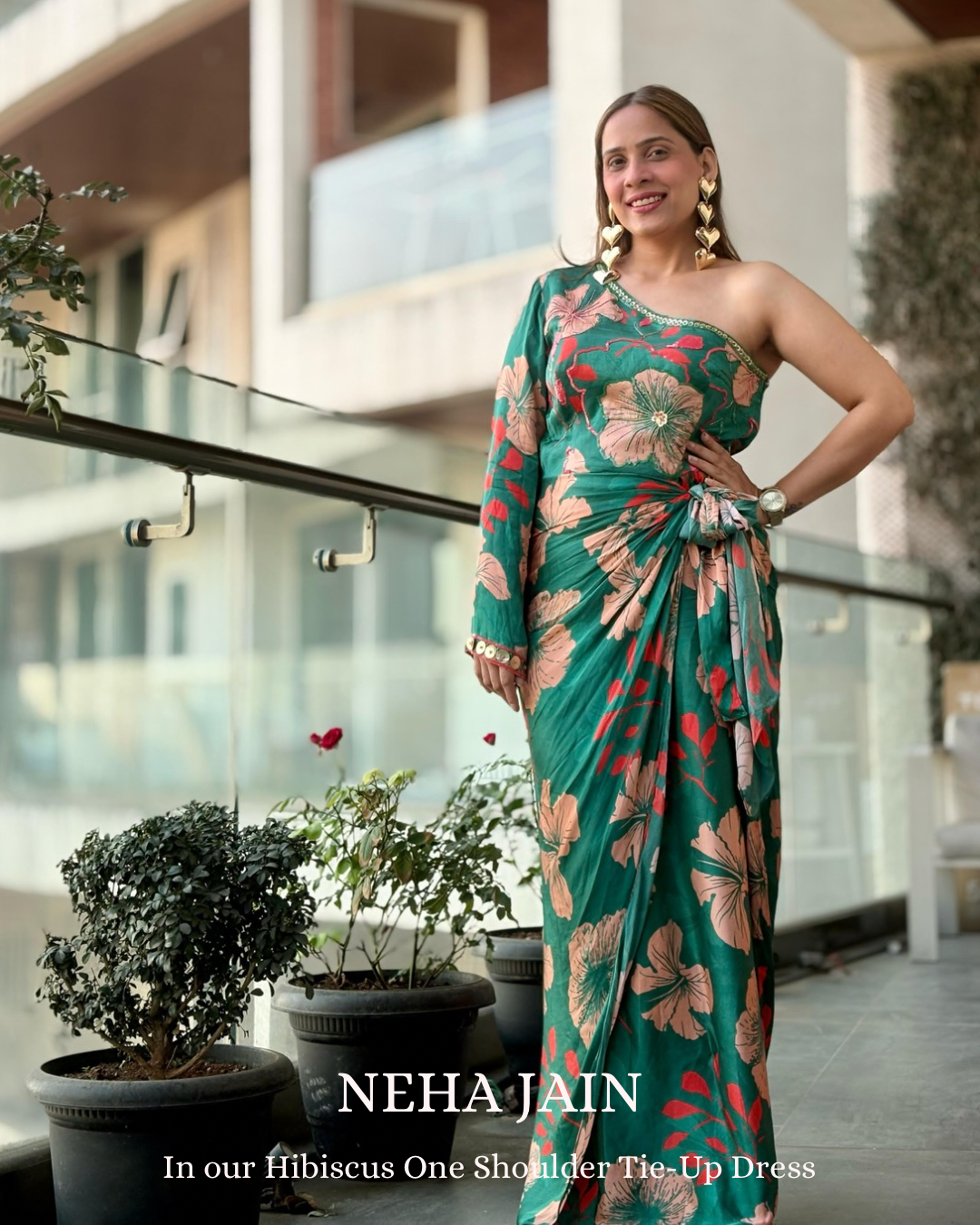 Neha Jain in our Hibiscus One Shoulder Tie Up Dress